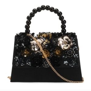 Alessia Bianchi Black Floral Appliqué Evening Crossbody with Beaded Handle